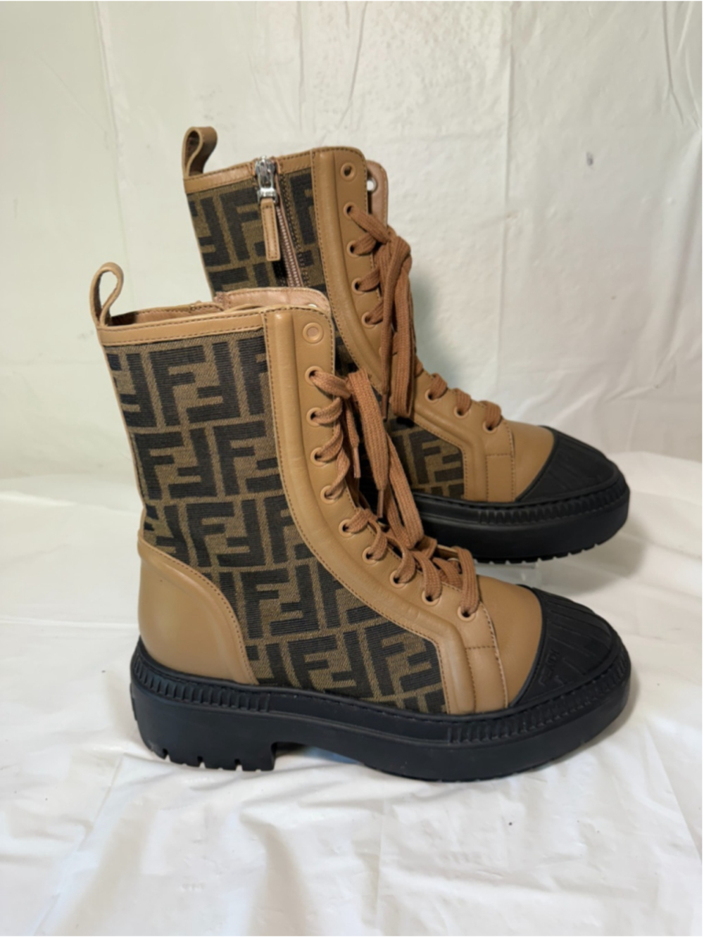 FENDI Domino Signature FF Logo Cap Toe Lace Up Biker Combat Ankle Boots